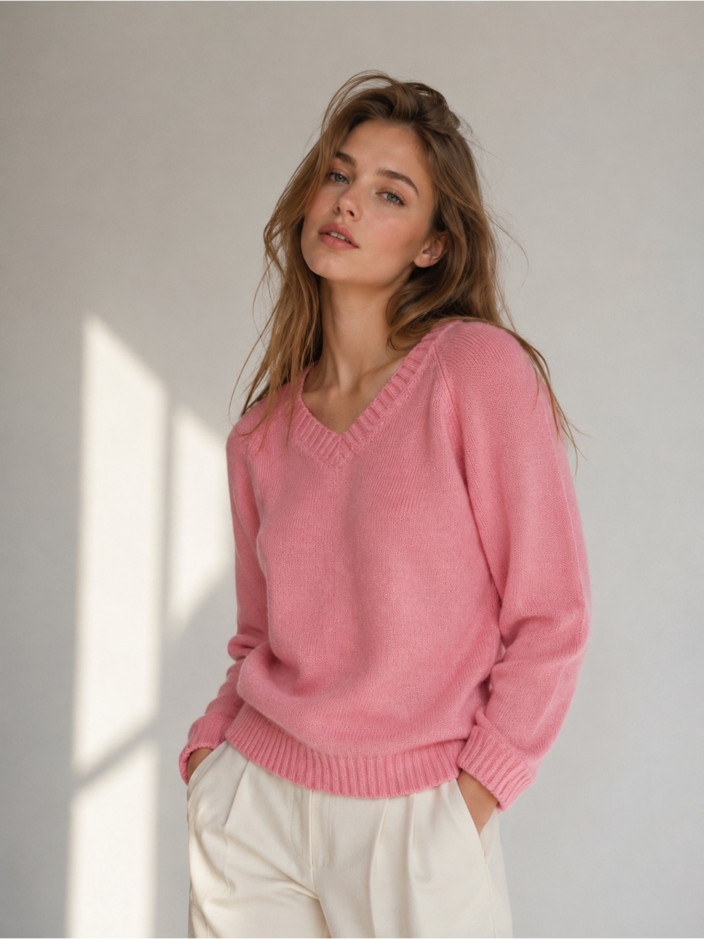 Basic Editions Women’s Pink V-Neck Knit Sweater – Size Large